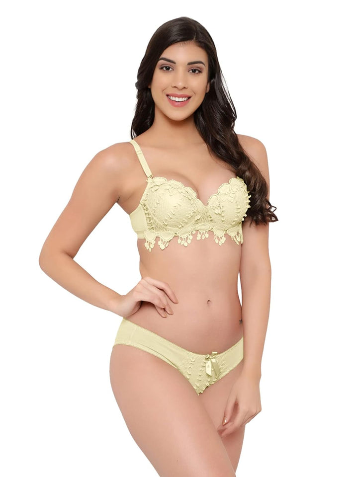 Women Lace Flower Bra Set Padded Lingerie Push Up Underwear Kit This Women Lace Flower Bra Set is a stunning addition to any lingerie collection. The set includes a yellow bra and matching panties, both adorned with delicate lacWomen Lace Flower Bra Set Padded Lingerie Push