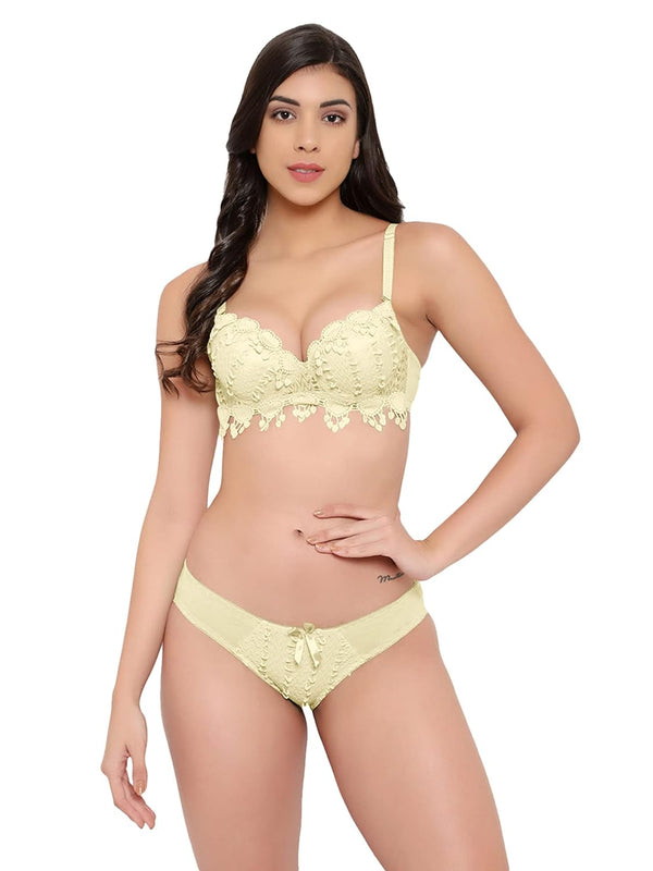 Women Lace Flower Bra Set Padded Lingerie Push Up Underwear Kit This Women Lace Flower Bra Set is a stunning addition to any lingerie collection. The set includes a yellow bra and matching panties, both adorned with delicate lacWomen Lace Flower Bra Set Padded Lingerie Push